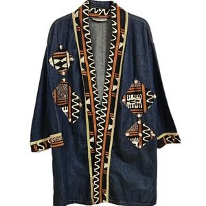Molato Denim Duster: Cowrie Shells, Afro‑Art Mudcloth‑Inspired Tribal Appliqué